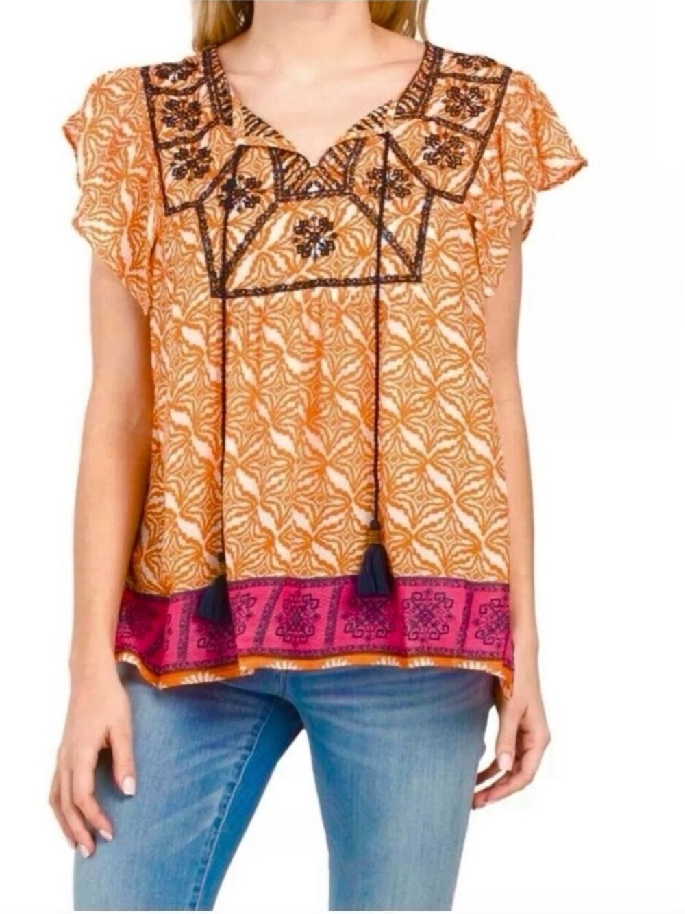 Rachel Zoe BOHO Embroidered Tassel Flutter-Sleeve Top - Orange